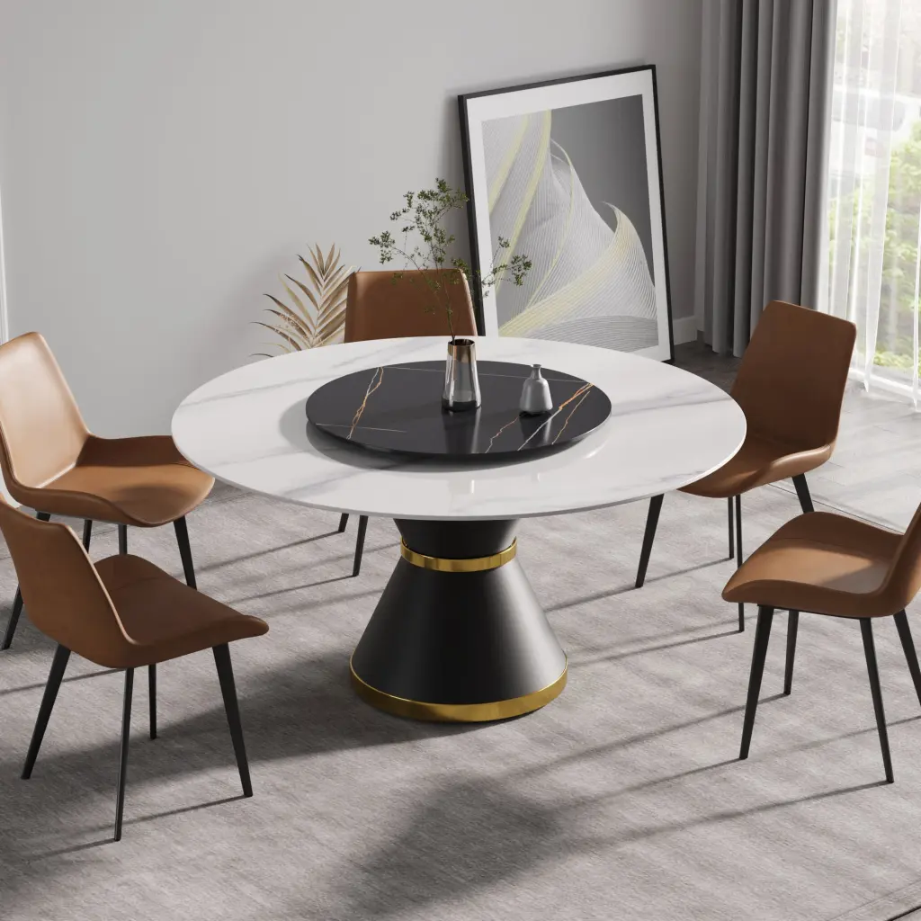 59.05 Inch Modern Artificial Marble Round Black Carbon Alloy Metal Base Dining Table atunus