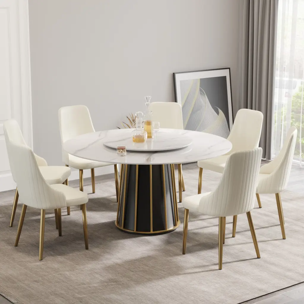 59.05 Inch Modern Artificial Stone Round White Panel Metal Iron Base Dining Table atunus