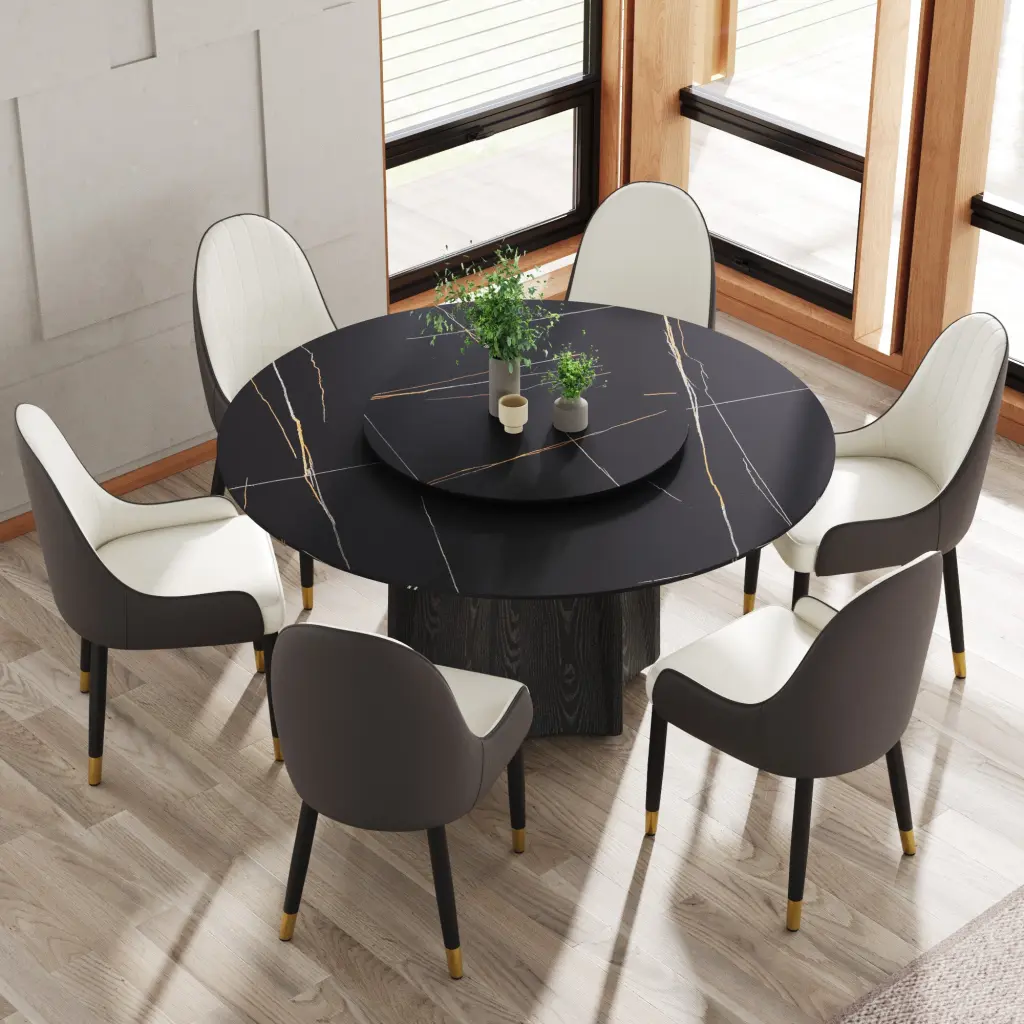59.05 Inch Round Marble Dining Table Black Textured Solid Wood Base Modern Dining Room atunus