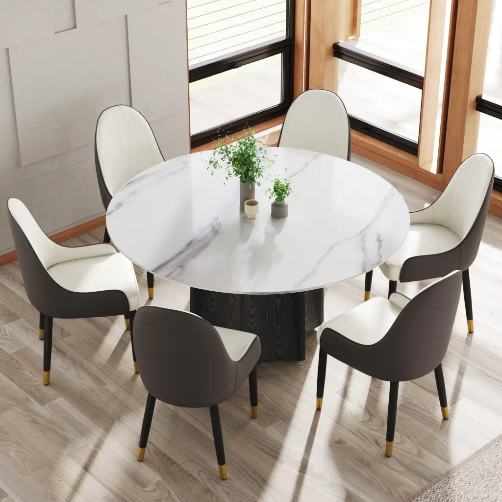 59.05 Inch Round Marble Dining Table Black Textured Solid Wood Base Modern Dining Room atunus