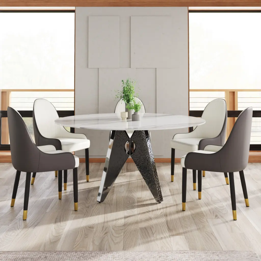 59.05 Inch Round Marble Dining Table Silver Stainless Steel Design Base atunus