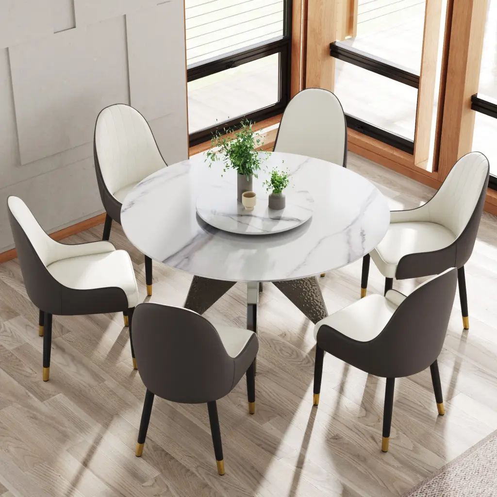 53 Inch Round Marble Dining Table Silver Stainless Steel Design Base atunus