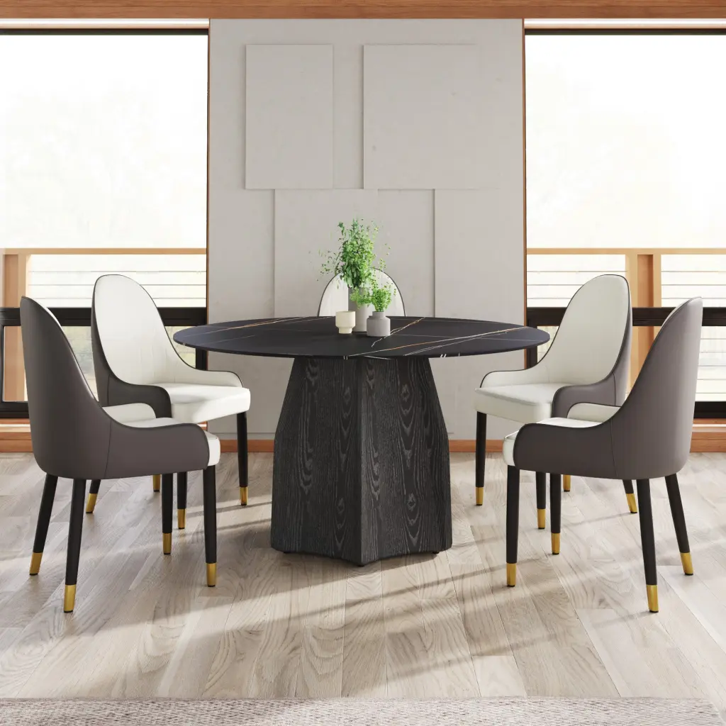 53 Round Marble Dining Table Black Textured Solid Wood Base atunus