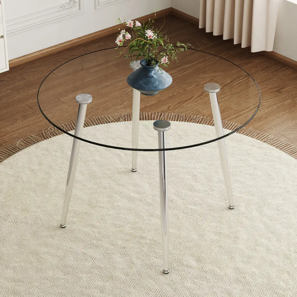 Round Dining Table Crystal Top, Shiny Metal Metallic Legs, Exquisite Life - Luxurious Dining Experience droom w-1151