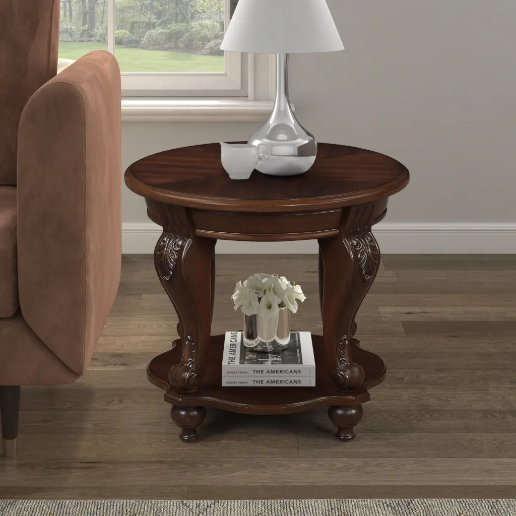 22 Inch Retro Round End Table Solid Wood Sofa Side Table Shelf power growth furniture