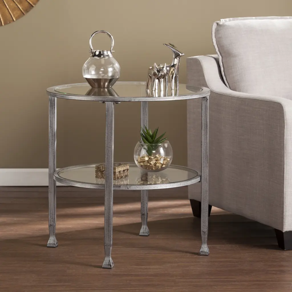 Southern Enterprises Jumpluff Metal Glass Round End Table Distressed Silver Black