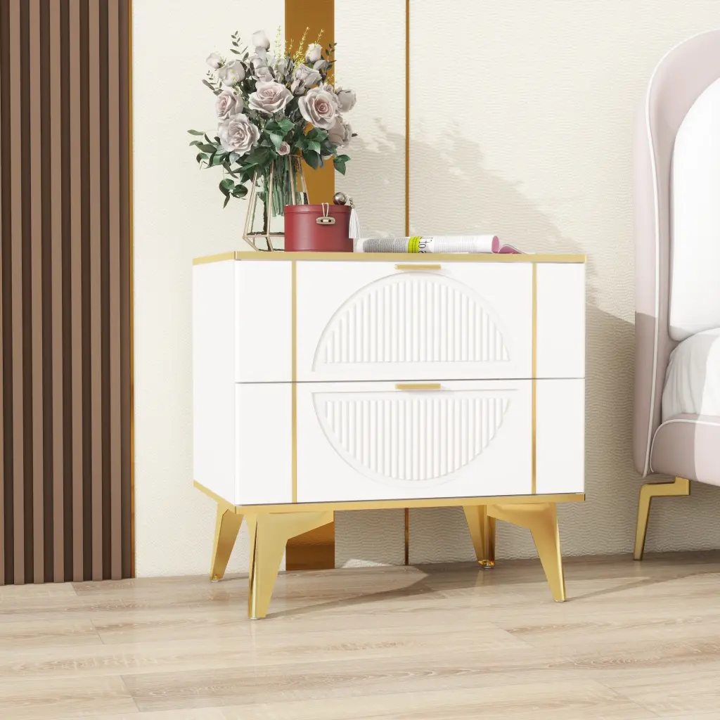 Two Pack White 2 Drawer Round Card Gold Bar Blister Nightstand rigmore