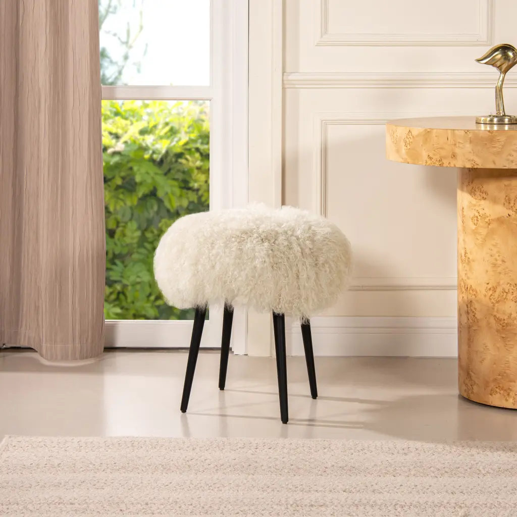 Alberta 16 Inch Mongolian Sheepskin Round Ottoman Latte Beige Authentic Fur Footstool jennifer taylor home
