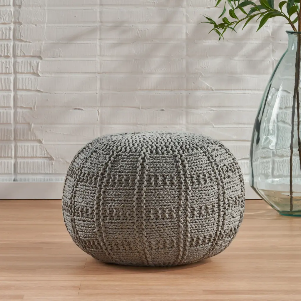 Yuny Knitted Cotton 20x20 Round Pouf Grey Footstool nh-inmax