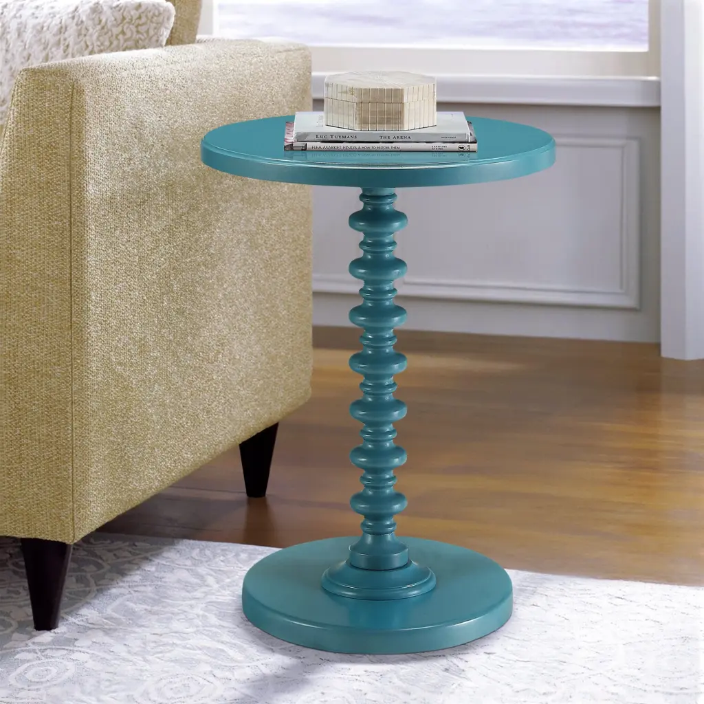 Teal Round Wooden Side Table Living Space Wood Pedestal Base furniture max