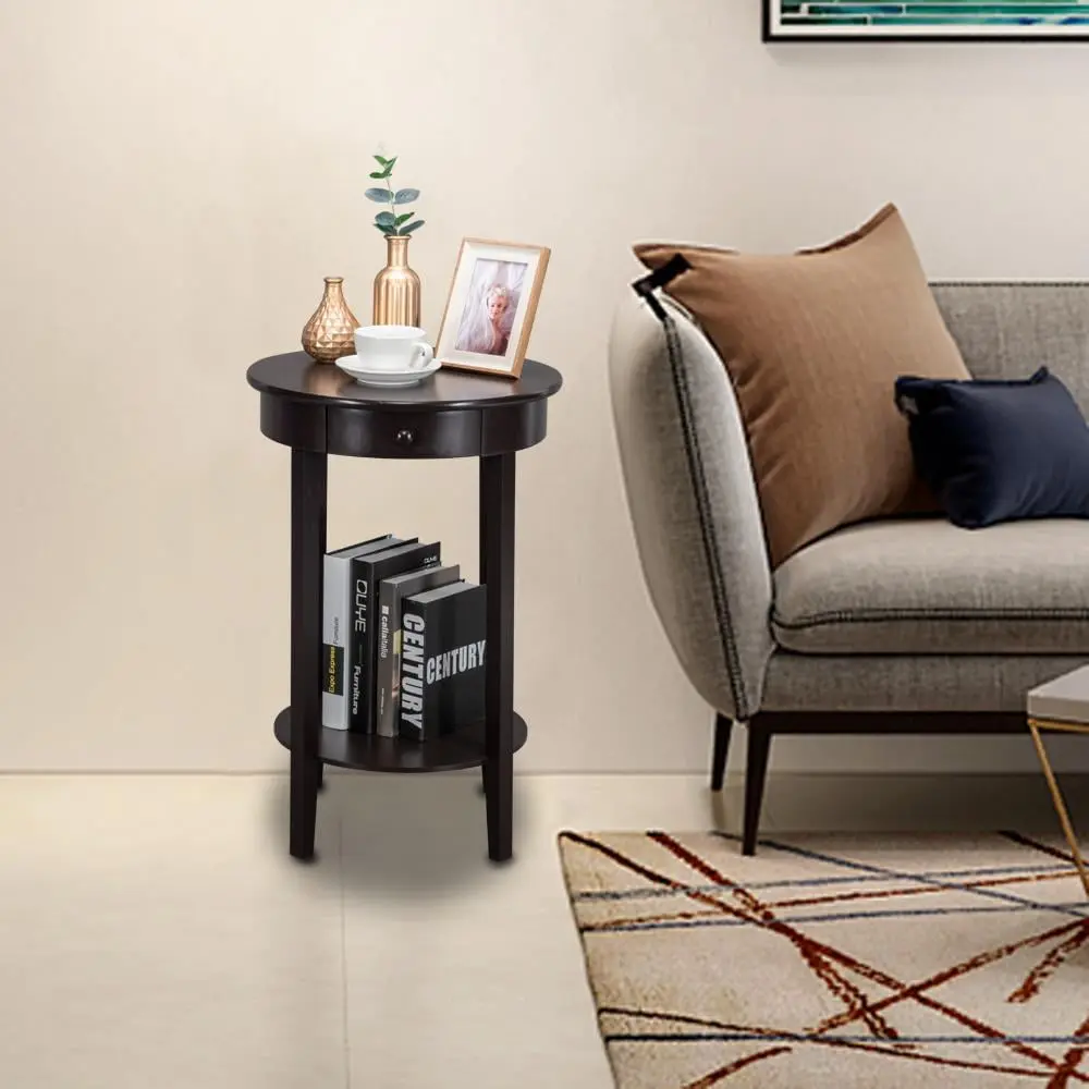SamyoHome 18.5 x 27.95 Inch 2-Tier Wood Round Side Table Drawer Brown