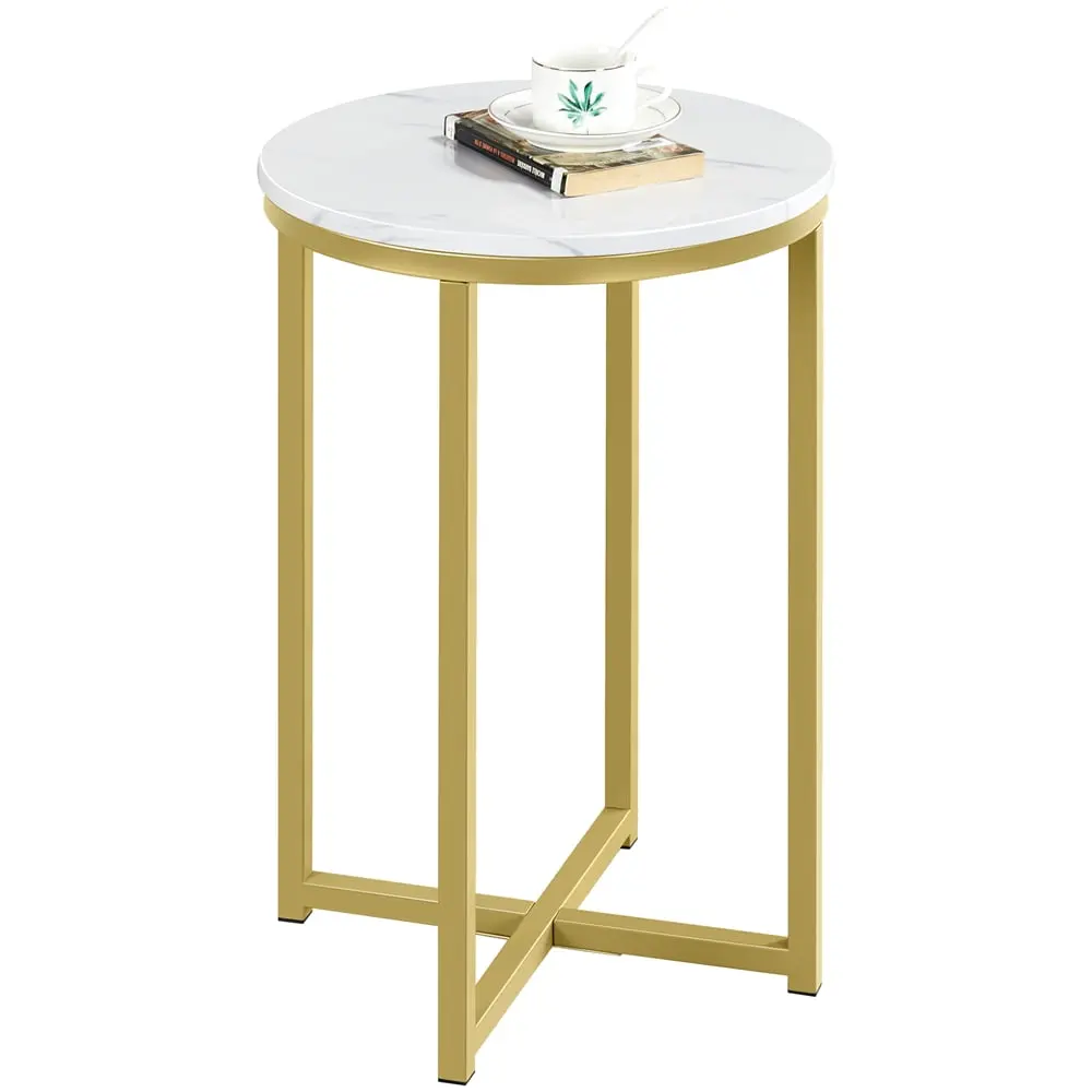 SMILE MART Mustard Gold Round Faux Marble Side Table Sturdy Metal Legs