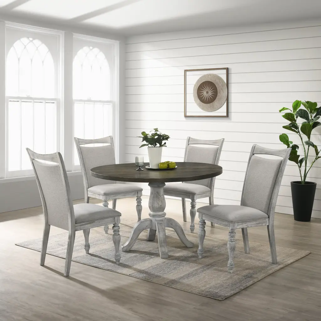 Iris 5 Piece Round Pedestal Dining Table Set 4 Weathered Chairs hz