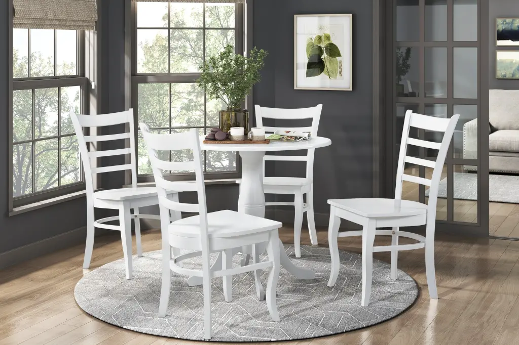 White Finish 5 Piece Dining Set Round Table And 4 Chairs Wooden Ladder kanepe