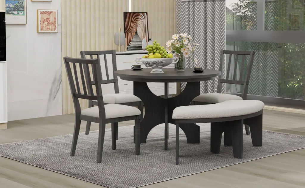 5 Piece Dining Table Set 44 Inch Round Table Curved Bench and Chairs Kitchen Set rnb