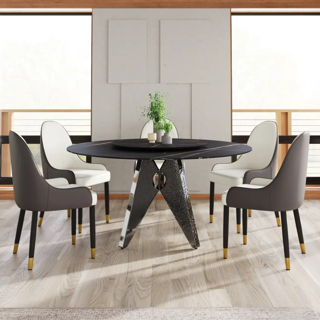 59.05 Inch Round Marble Dining Table Silver Stainless Steel Base atunus
