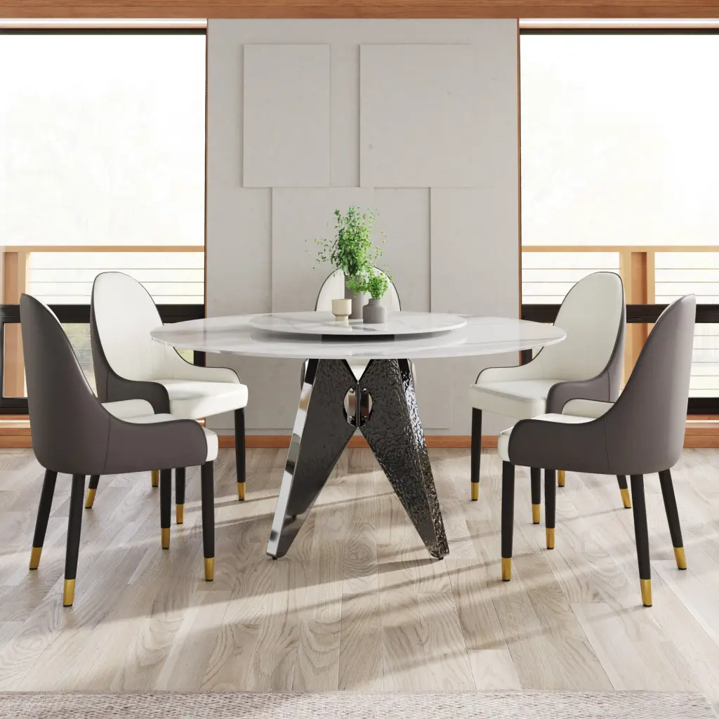 59.05 Inch Round Marble Dining Table Silver Stainless Steel Base Modern Design atunus
