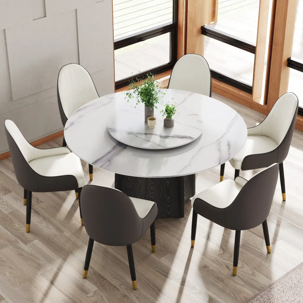59.05 Inch Round Marble Dining Table Black Textured Solid Wood Base atunus