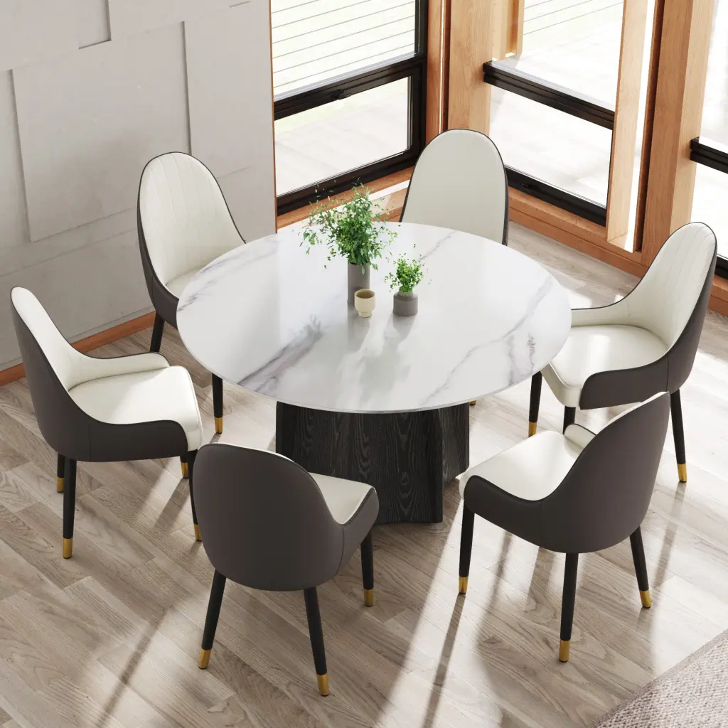 53 Inch Round Marble Dining Table Black Textured Solid Wood Base Artisan Design atunus