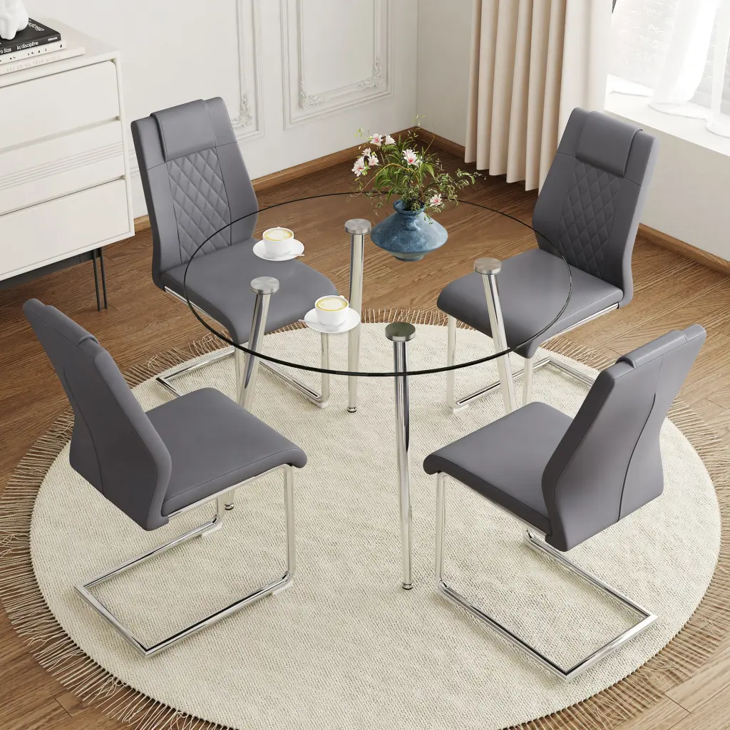 Modern Minimalist Round Dining Table Transparent Top And Chair Set droom w-1151