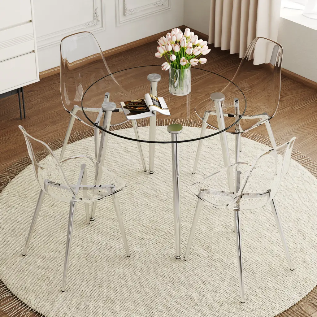 Modern Minimalist Round Transparent Tempered Crystal Table Silver Base droom w-1151