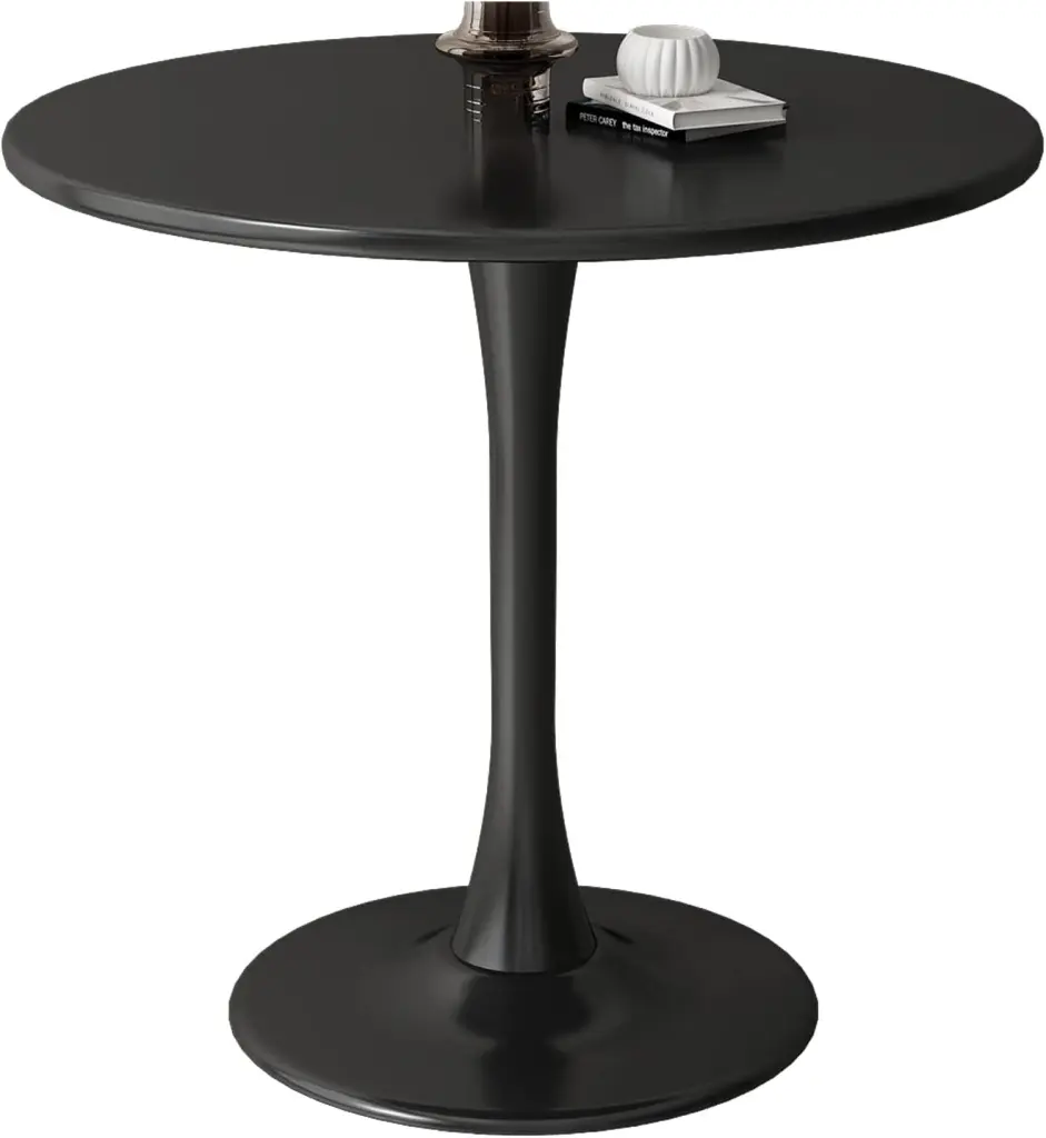 Black Round Modern Dining Table MDF Top Steel Base Tulip Design eheng