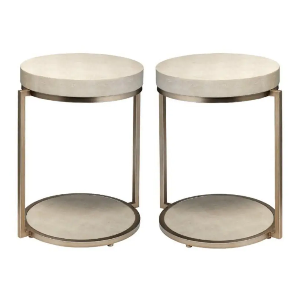 Home Square Round Metal & Faux Shagreen Side Table Ivory & Brass - Set 2