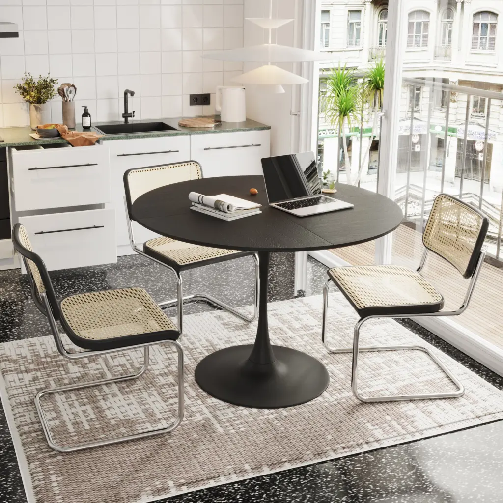 47.24" Modern Round Dining Table Black Patchwork Top - Elegant Design rnb