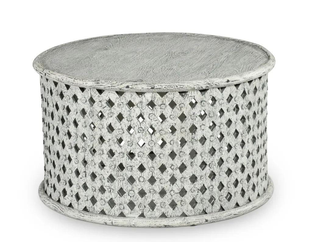Samir Round White Tribal Carved Wood Cocktail Table Living Room steve silver furniture