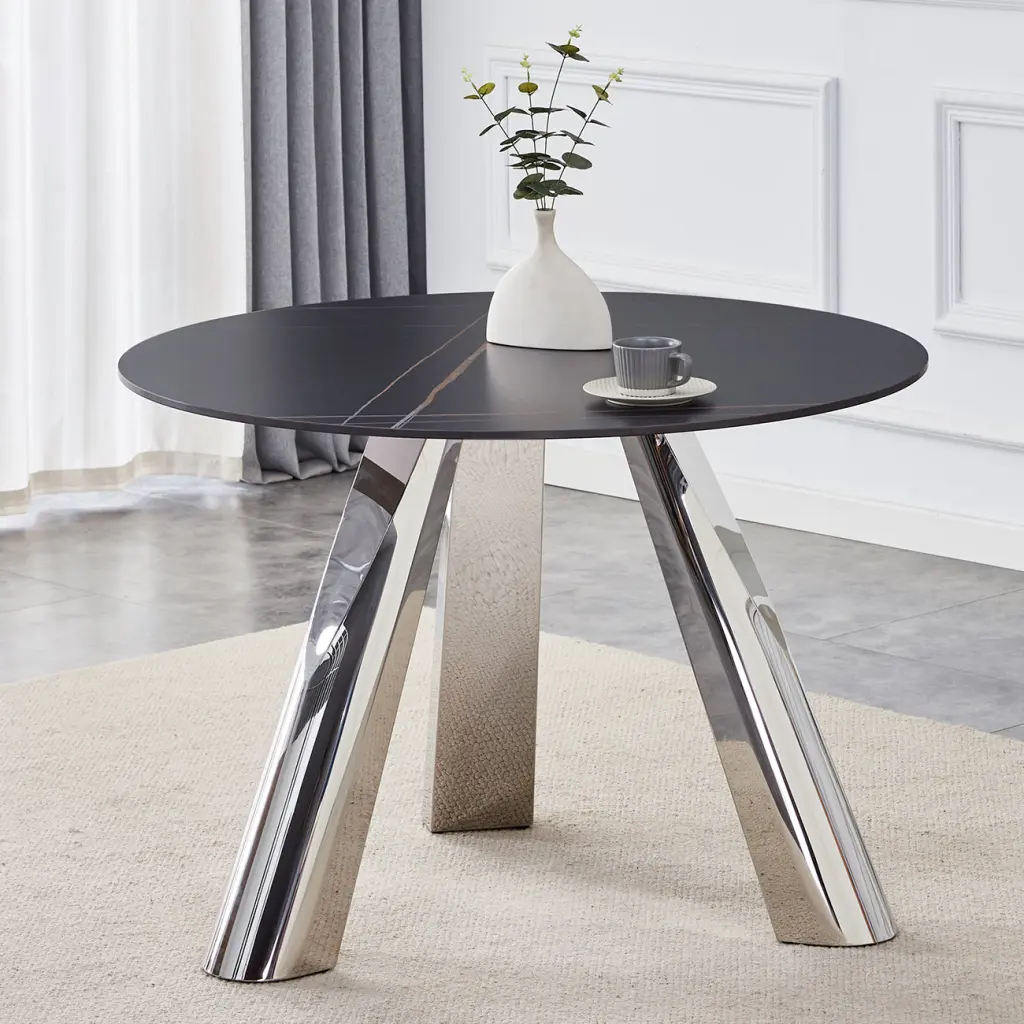 42 Inch Burn Stone Round Dining Table Stainless Steel Legs sunny