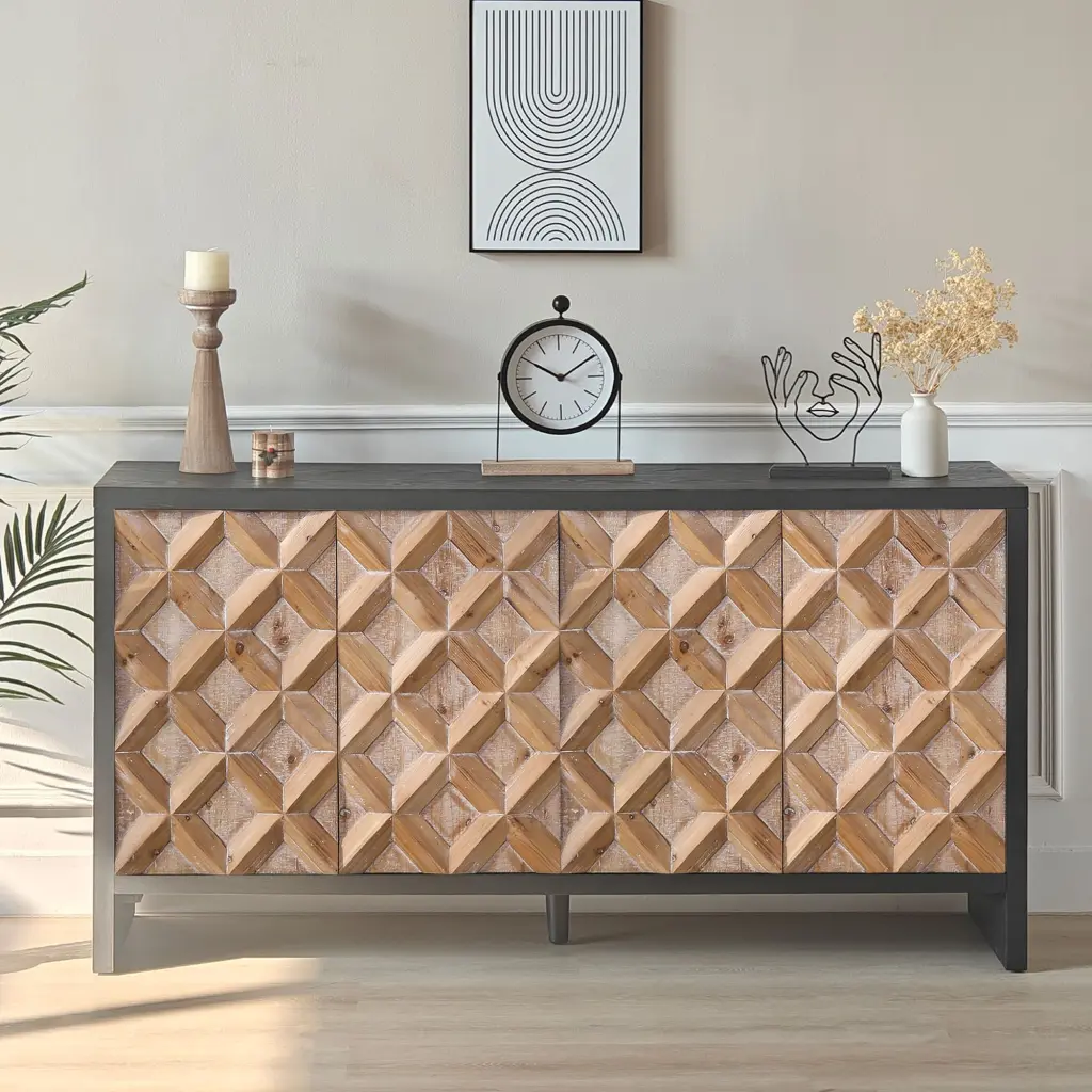 Rustic 4 Door Wood Cabinet Geometric Pattern, Modern Storage Solution grandboard home
