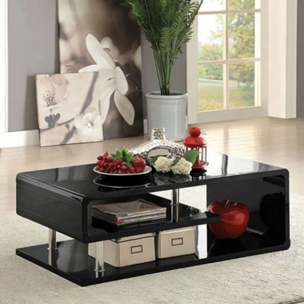 Benzara Black Wooden Coffee Table Curling Shelf and Metal Poles