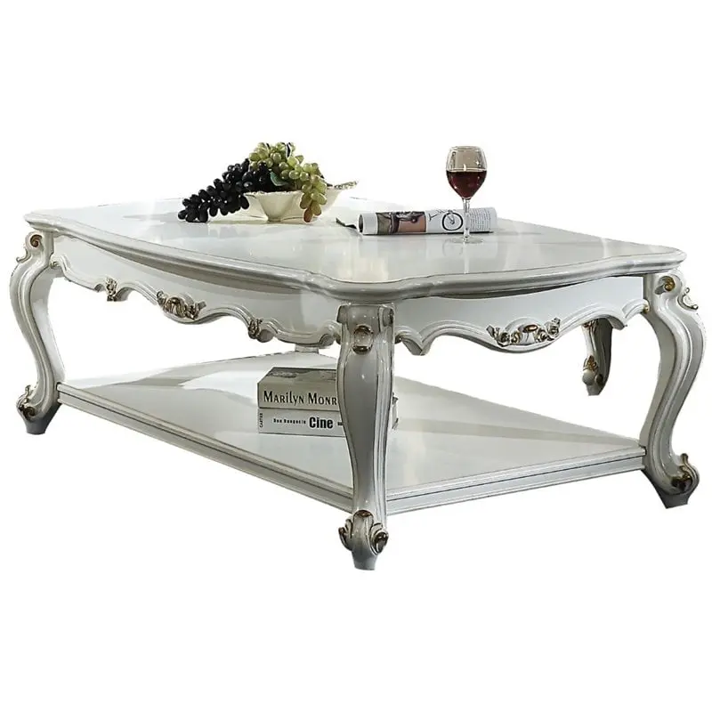 Bowery Hill Rectangular Wooden Coffee Table Bottom Shelf Antique Pearl