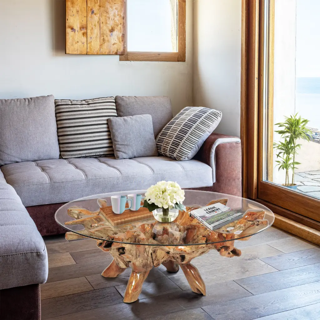 Rustic Teak Wood Root Coffee Table 55 Inch Round Glass Top Chic Teak