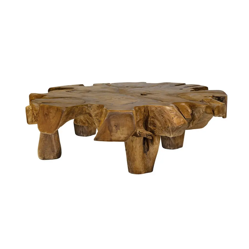 Benjara 47 Inch Coffee Table Teak Root Frame Natural Wood Grains Classic Brown Convenience Concepts