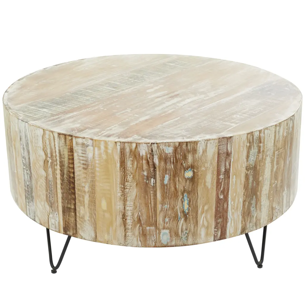 DecMode Rustic Wood Round Coffee Table V Shaped Legs 37W x 18H