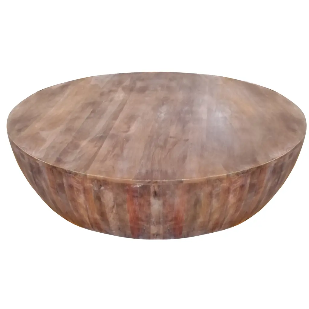 DeeHome Handcarved Drum Shape Round Mango Wood Distressed Coffee Table Brown