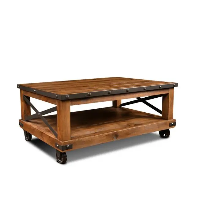 Rustic City Coffee Cocktail Table Shelf and Wheels Fine-Line