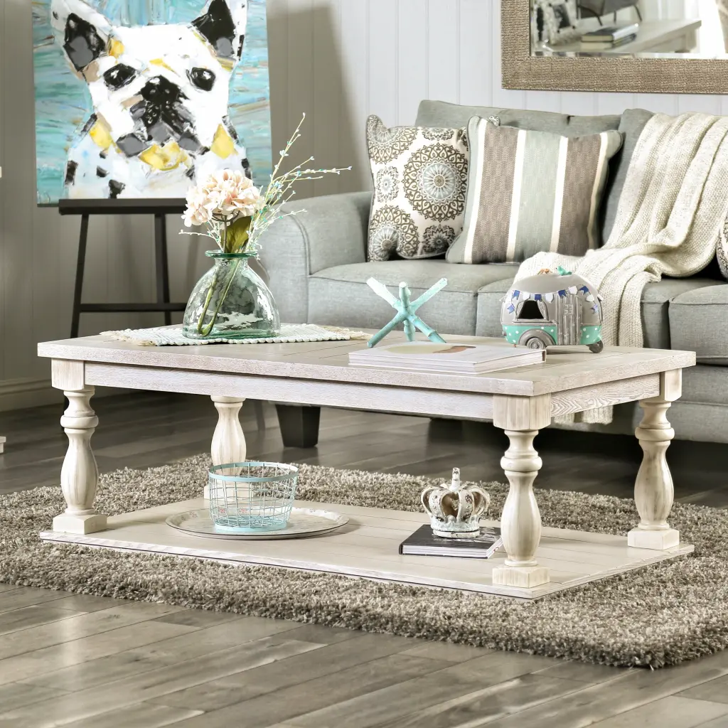 Furniture America Tost Rustic White 52 Inch Wood Coffee Table Shelf