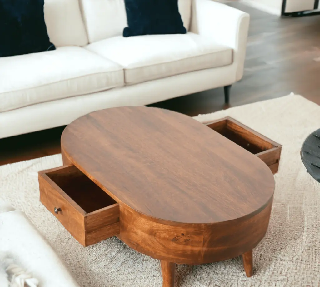 Solid Wood Rustic Oval Coffee Table Drawers Living Room Lartish