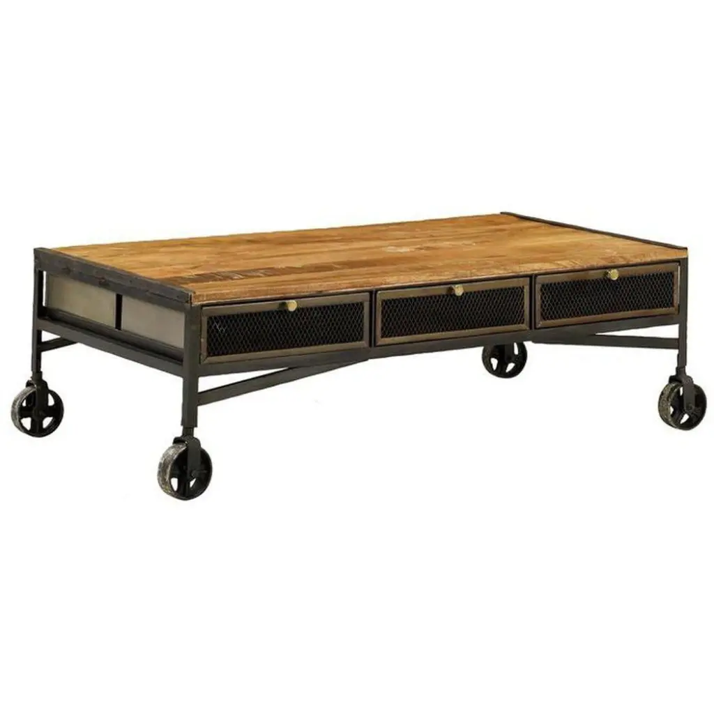53 Inch Rectangular Rustic Industrial Coffee Table Wheels and Drawers LOOMLAN