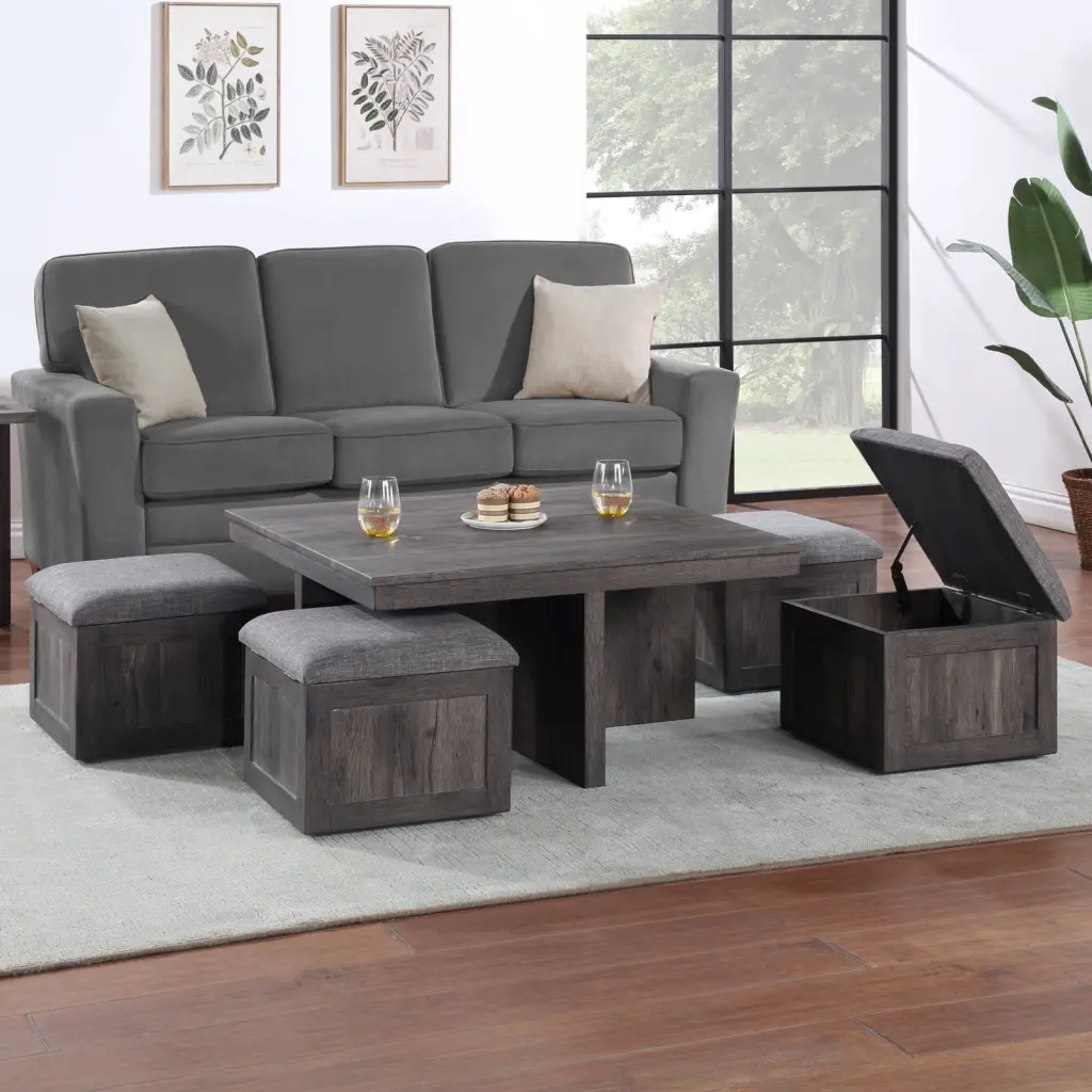 Moseberg Rustic Wood Coffee Table Storage Stools 4 Upholstered Stools Included Ponnky
