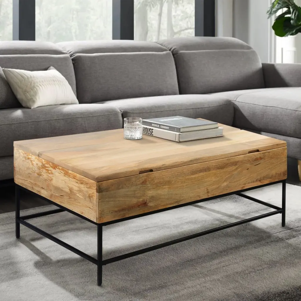 Audrey 45 Inch Handcrafted Mango Wood Coffee Table Lift Top and Grain Details Saltoro Sherpi