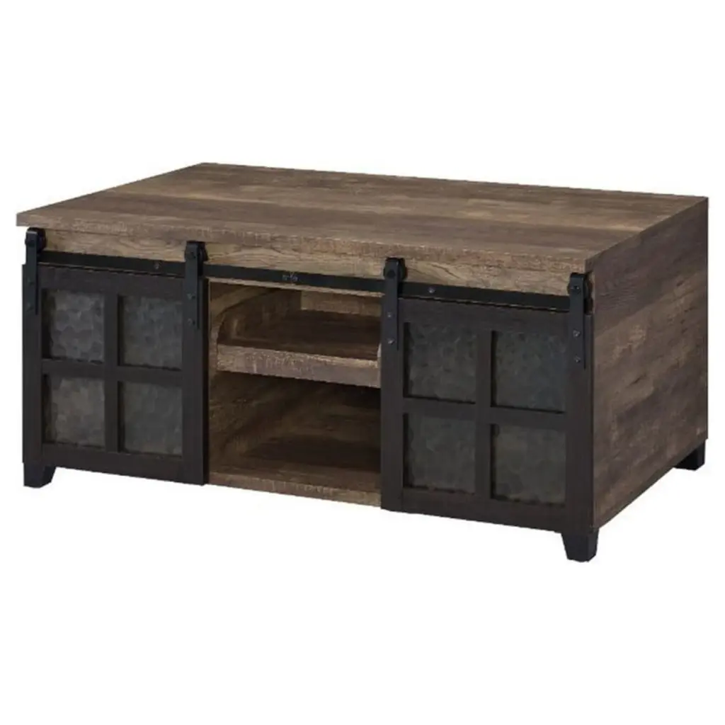 Coffee Table 2 Barn Sliding Glass Doors and Pull Out Tray Brown Saltoro Sherpi