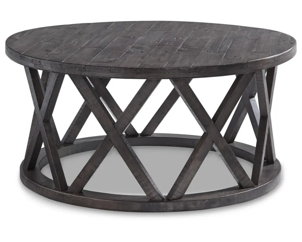 Signature Design Ashley Sharzane Rustic Round Solid Wood Pine Coffee Table Weathered Gray Finish