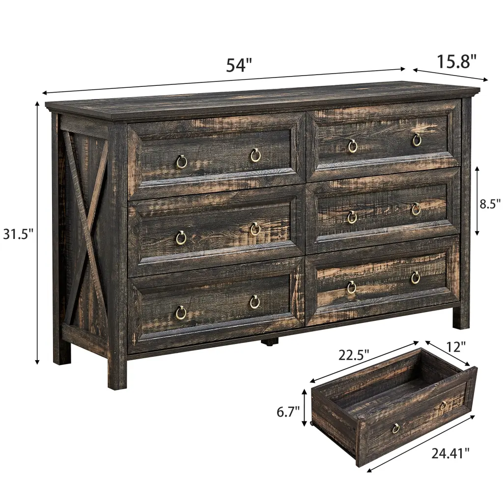 Farmhouse 6 Drawer Dresser Bedroom Rustic Wide Chest Drawers hong kong jiacheng
