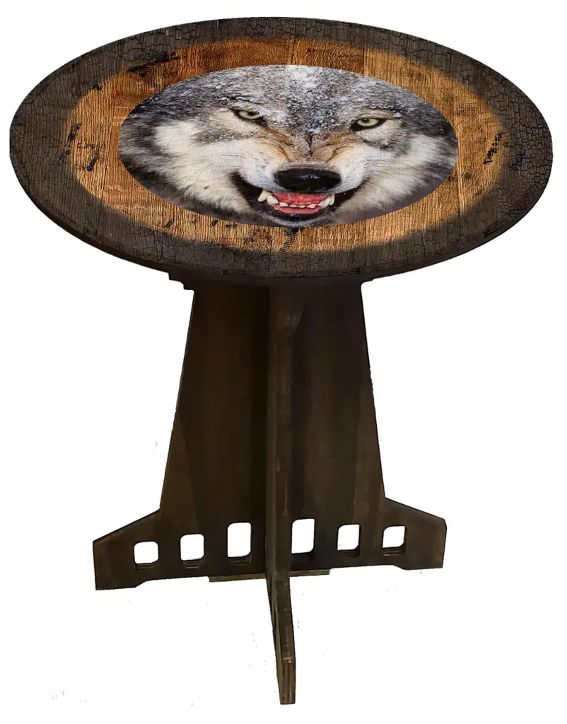 Wolf on Attack Pub Gift Farmhouse Rustic Round Whiskey Barrel End Table Craft Bar Signs
