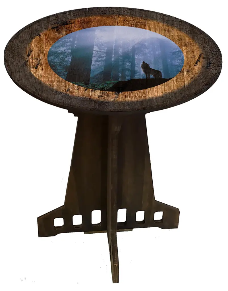 Wolf Howling Pub Gift Farmhouse Rustic Round Whiskey Barrel End Table Craft Bar Signs