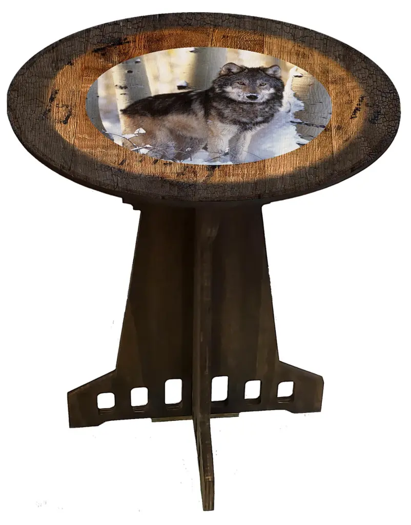 Wolf Woods Pub Gift Farmhouse Rustic Round Whiskey Barrel End Table Craft Bar Signs