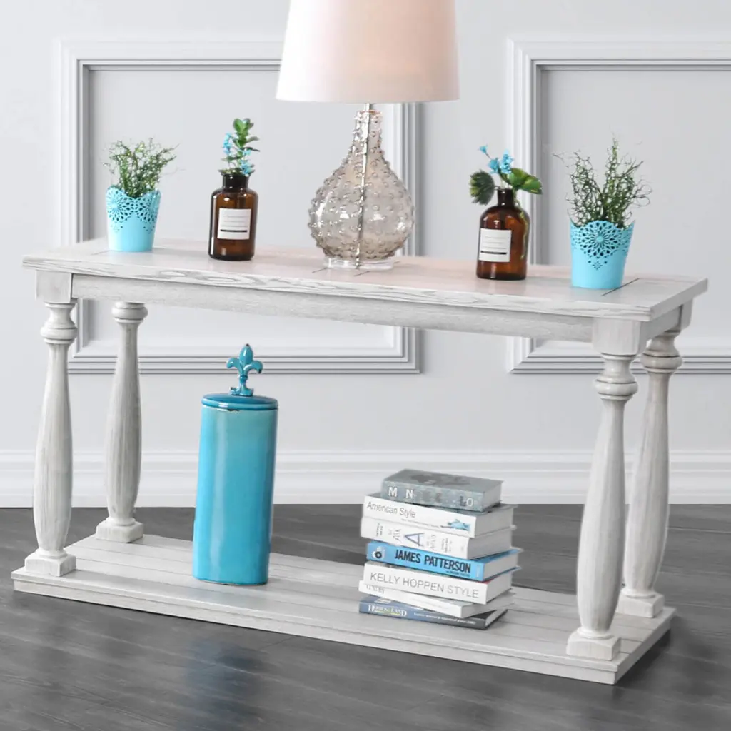 Rustic Style Antique White Sofa Table Open Bottom Shelf Plank Design kanepe